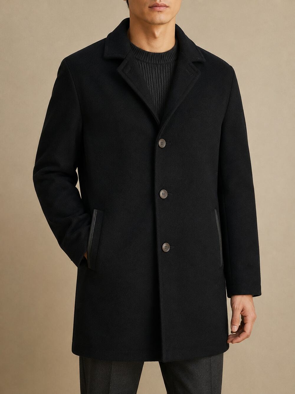 Vince Recycled Wool Blend Car Coat Mens Large Black Goat Leather Trim Topcoat